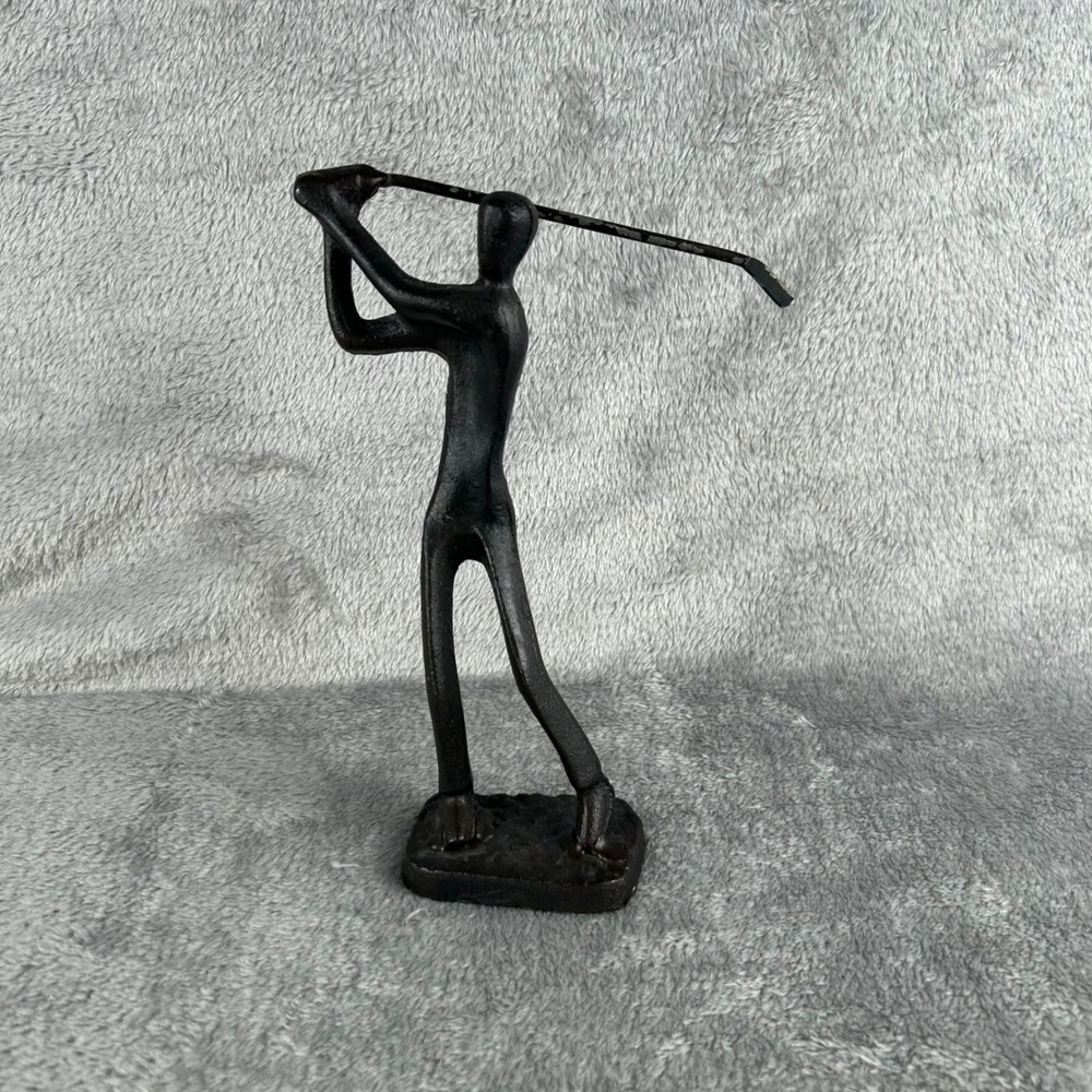 VTG Brutalist Cast Iron Golfer Figurine Black Metal Golf Swing Sculpture 8.5"